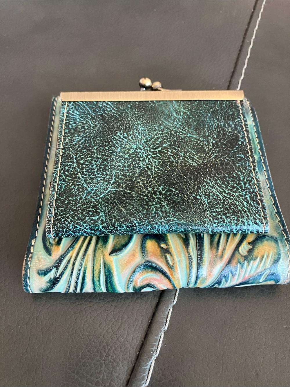 Patricia Nash Reiti Wallet RFID Tooled Italian Leather Floral Embossed Turquoise - Picture 2 of 8